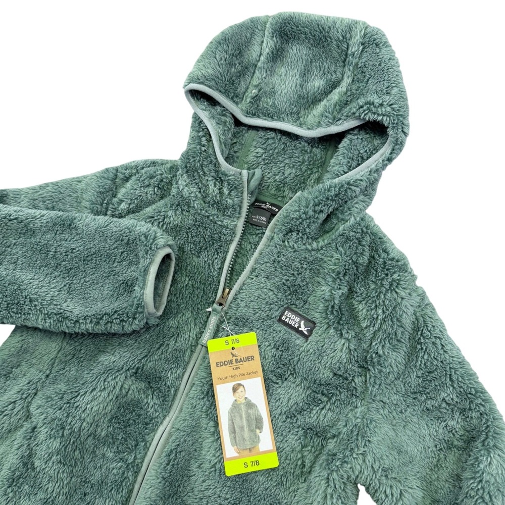 NEW Eddie Bauer High Pile Jacket Kids Size S 7/8 Green Fleece Hooded Full Zip